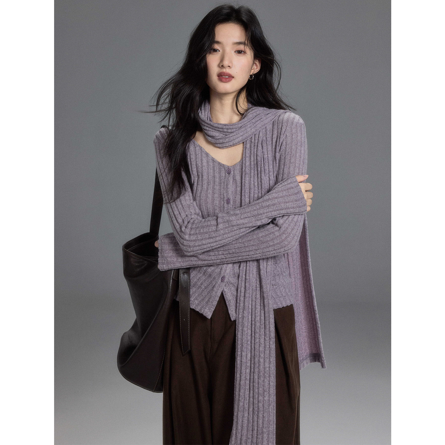 贰羊设计【瑾昕】软糯紫色飘带针织衫女长袖显瘦打底通勤百搭上衣