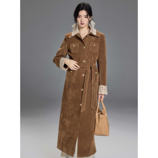 风衣女冬高级感复古中长款 可拆花边麂皮工装 大衣 花漓 贰羊设计