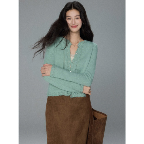 贰羊设计【郁禾】法式提花镂空花边开衫女秋松露绿宽松长袖针织衫