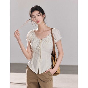 复古方领木耳边莱赛尔混纺蕾丝衫 贰羊设计 月渡 立减 07新品