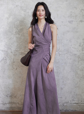 TYANG贰羊设计【青宛】气质紫色v领挂脖长裙女绑带设计感连衣裙子