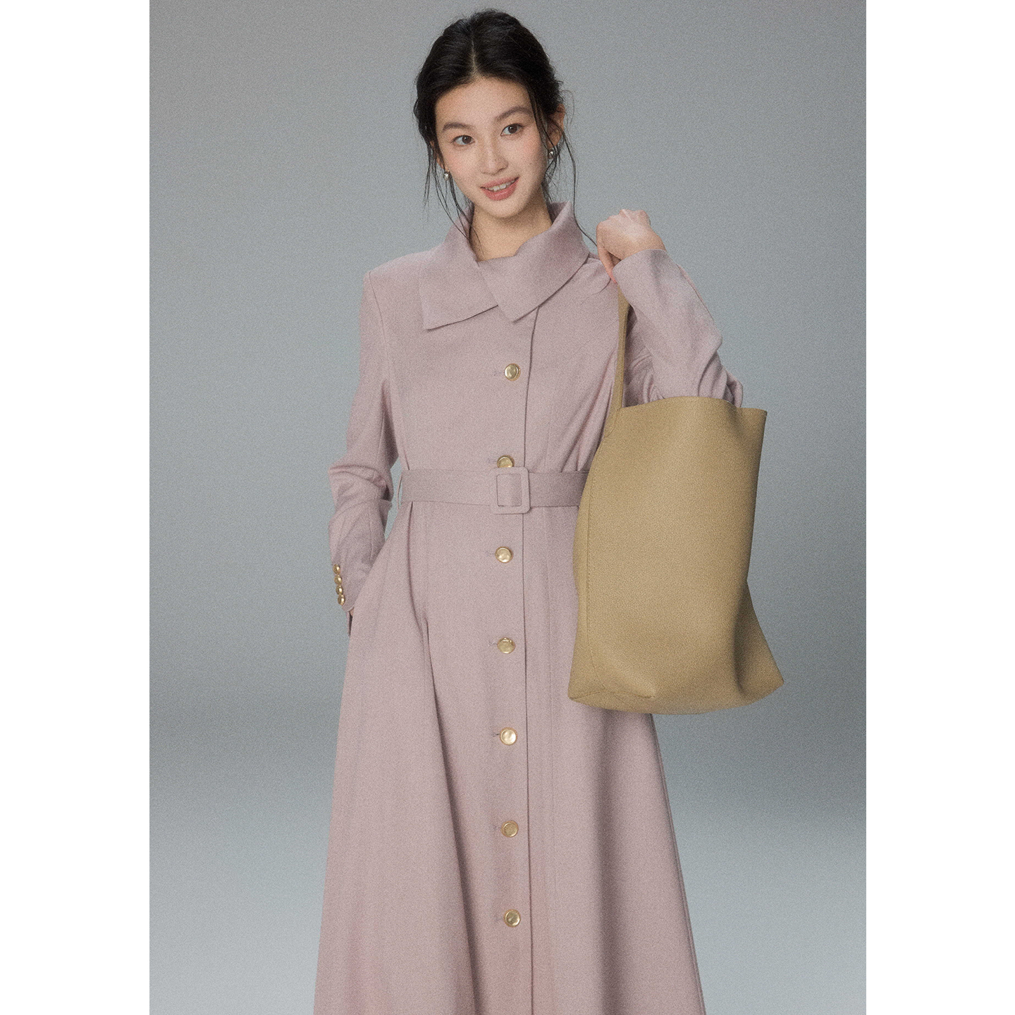 贰羊设计【若晴】复古法式气质收腰连衣裙外套女长袖不规则领长裙