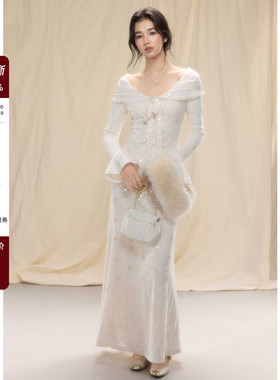 贰羊设计【舒鸢】复古温柔气质亮片连衣裙女微鱼尾修身宴会礼服裙