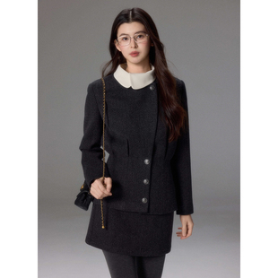 假两件毛呢外套女冬半身短裙套装 小香风撞色短款 拾雾 贰羊设计