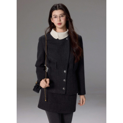 贰羊设计【拾雾】小香风撞色短款假两件毛呢外套女冬半身短裙套装