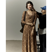 贰羊设计 垂感长裙 复古格纹连衣裙女气质荡领网纱修身 蕴禾 法式