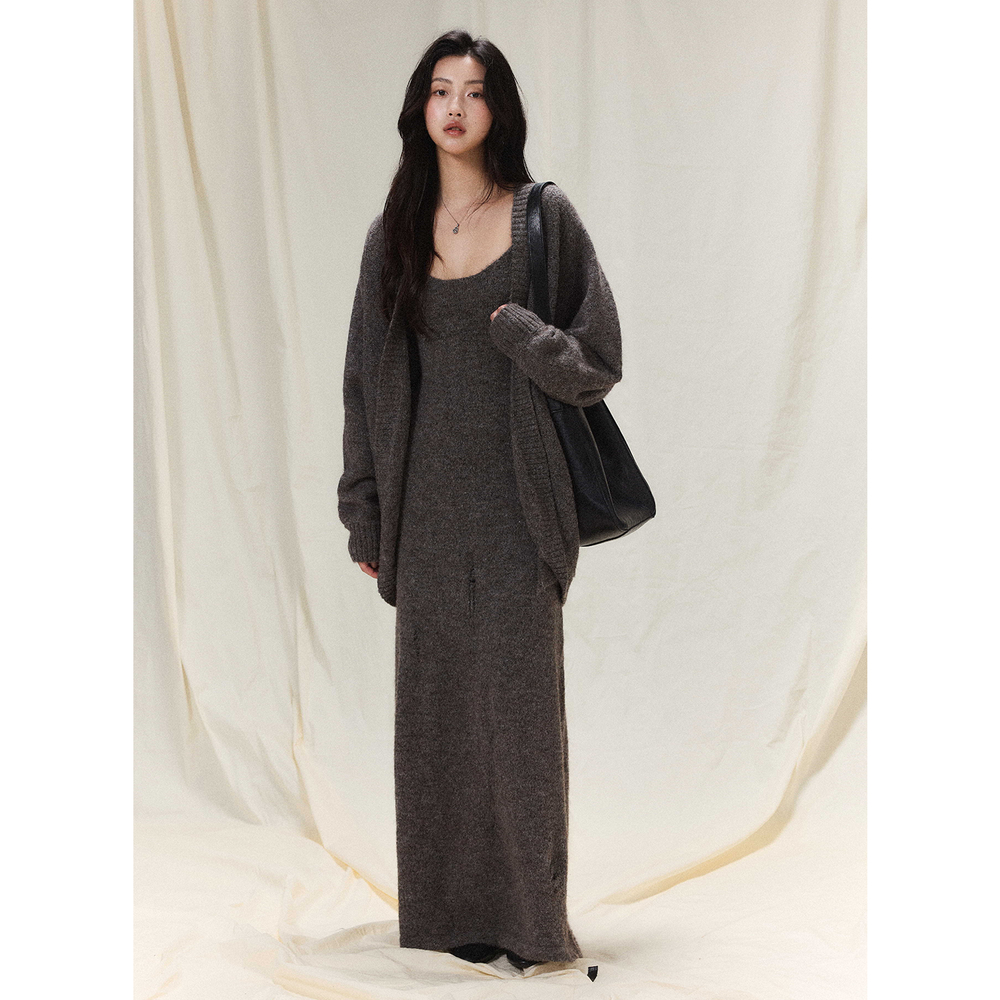 贰羊设计【秋笙】高级慵懒感长款针织开衫女宽松毛衣外套长裙套装