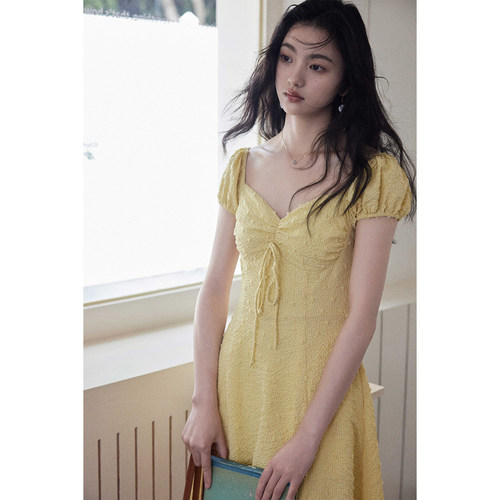 法式高腰a字长裙短袖连衣裙女