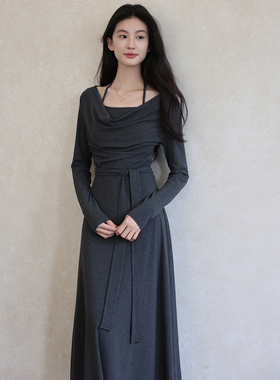 贰羊设计【芷沫】新中式荡领连衣裙女秋季长袖a字连衣裙通勤穿搭