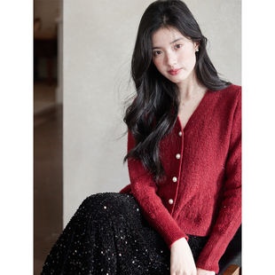 贰羊设计【现货7折】芳菲 复古通勤气质红色V领珍珠扣长袖毛衣