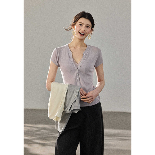 贰羊设计【寻绮】1oo莱赛尔短袖亨利领T恤女夏季轻薄百搭针织上衣