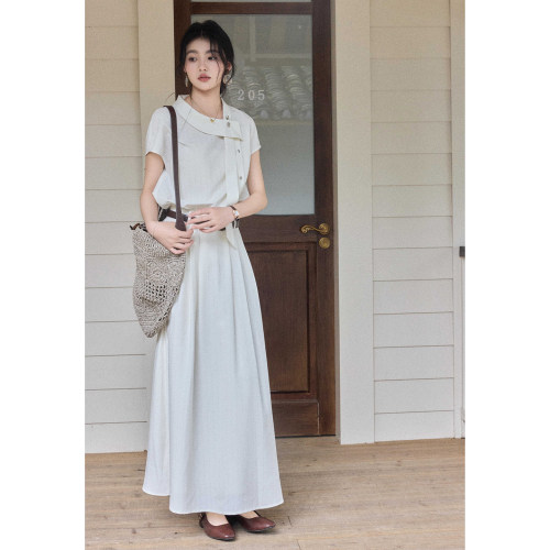 贰羊设计【物逅】复古知性风翻领斜门襟连衣裙女短袖肌理衬衫长裙