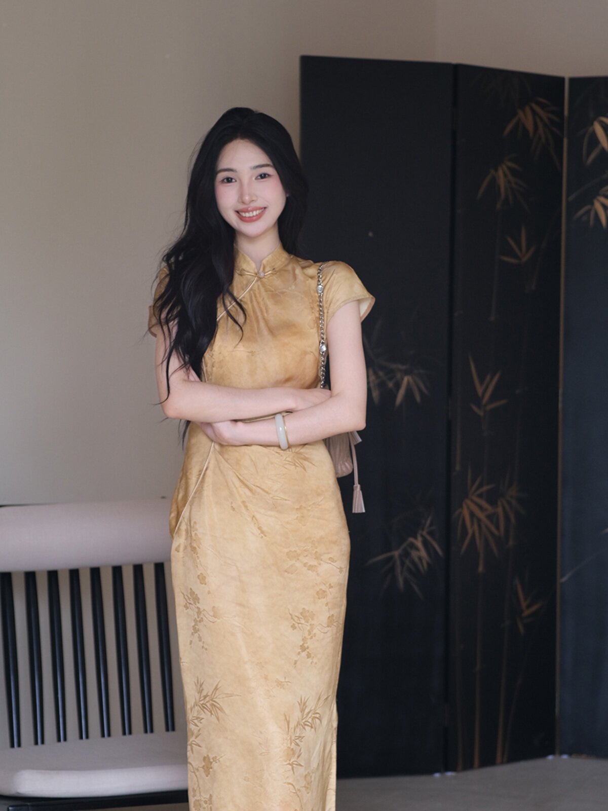 [재고] 이량 디자인 [화시비] 국가 스타일의 새로운 중국 스타일의 절묘한 녹색 허리 스탠드 칼라 개선된 치파오 스커트