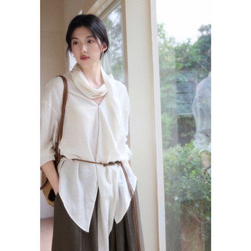 贰羊设计【雾中花】一衣多穿围裹式飘带宽松衬衫女微亚麻白色衬衣