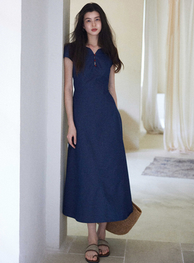 贰羊设计【靛影】法式复古蓝色连衣裙女通勤短袖收腰显瘦长裙夏季