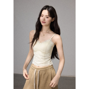 贰羊设计【知莞】带胸垫v领睫毛蕾丝吊带女修身鱼骨内搭白色背心