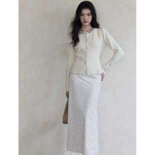 贰羊设计【茉一】气质亮片丝绒半身裙女秋松紧腰a字裙子抓毛长裙