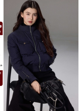 贰羊设计【亦禾】短款立领90白鸭绒羽绒服女秋冬季收腰面包服外套