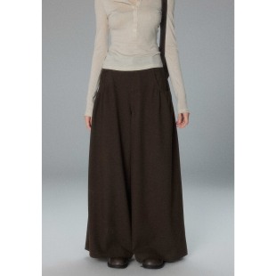 女宽松收褶垂感秋冬休闲裤 通勤高级感棕色阔腿裤 栖暮 贰羊设计