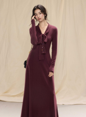 贰羊设计【蔷眠】复古优雅气质V领系带连衣裙女针织亲肤修身长裙