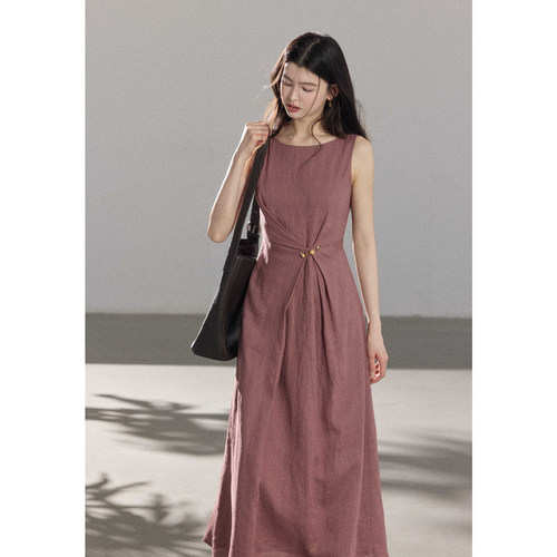 贰羊设计【晚衫岚】法式通勤1oo亚麻连衣裙女无袖圆领气质感长裙