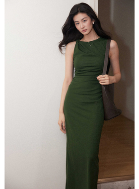 贰羊设计【青檀】复古高级绿通勤连衣裙女极简设计感扭结修身长裙