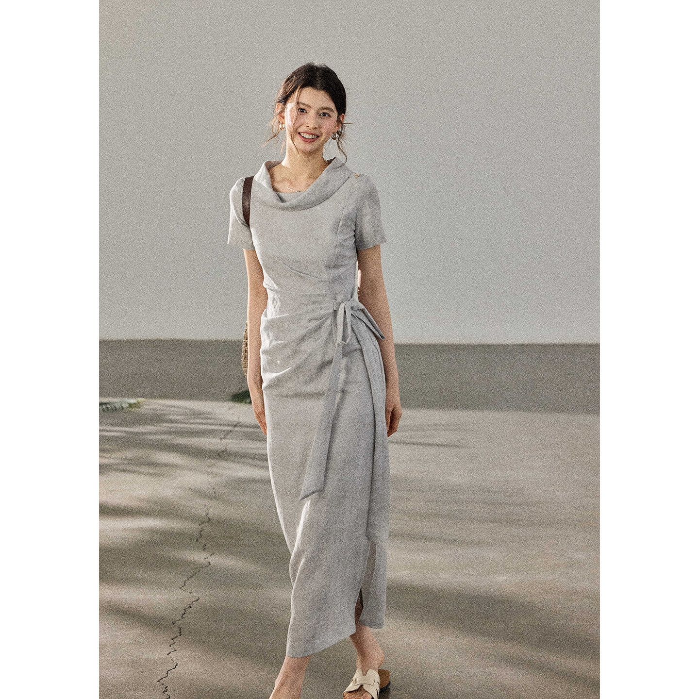 贰羊设计【轻尘】复古知识分子风连衣裙女夏荡领气质系带通勤长裙