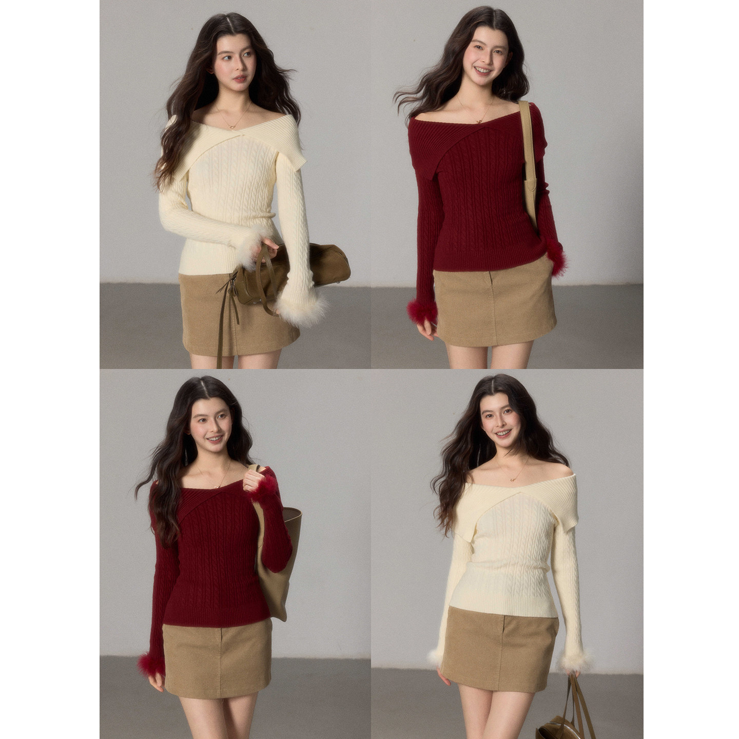 贰羊设计【沐月】氛围红色一字肩针织衫女新款驼鸟毛毛袖修身上衣