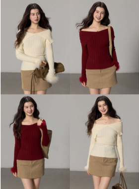 贰羊设计【沐月】氛围红色一字肩针织衫女新款驼鸟毛毛袖修身上衣