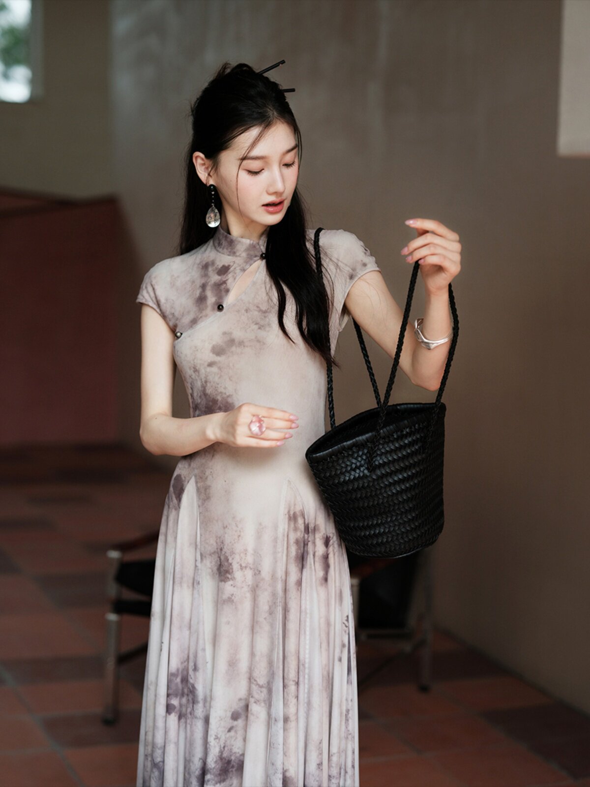 [재고] 이량 디자인 [수묵화] 국가 스타일 새로운 중국 스타일 슬림 젠 메쉬 치파오 드레스 여성 여름