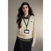 女叠穿百搭宽松针织衫 贰羊设计 衬衫 复古格纹翻领长袖 上衣 杏喜