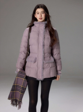 贰羊设计【温芋】高级紫色拼接水貂毛修身立领羽绒服保暖修身外套
