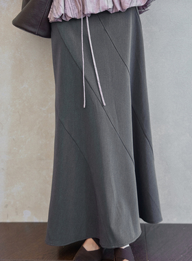 贰羊设计【墨染】复古气质显瘦设计感灰色半身裙子女抗皱垂感长裙