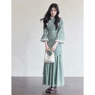 国风蓝绿色气质素雅条纹晕染旗袍连衣裙女 新中式 贰羊设计 诗南