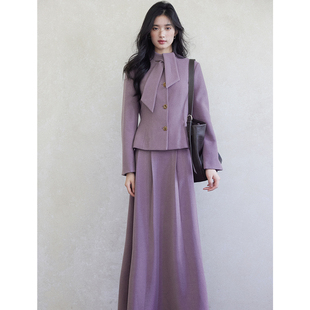 女 复古气质通勤赫本风系带领结上衣半裙两件套装 贰羊设计 南星