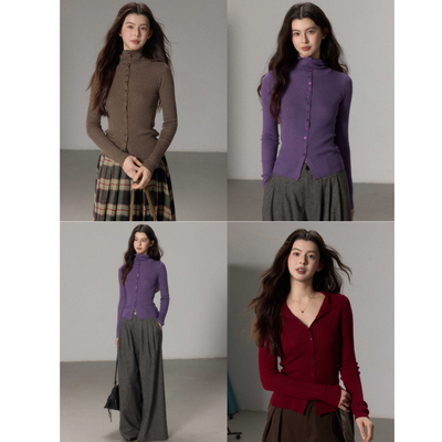 贰羊设计【帛黛】堆堆高领翻领羊毛针织打底开衫女冬修身显瘦上衣