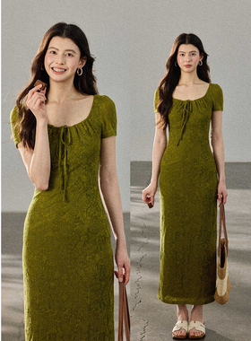贰羊设计【苔痕】高级质感绿色暗纹提花连衣裙女气质修身包臀长裙
