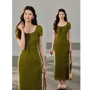 包臀长裙 高级质感绿色暗纹提花连衣裙女气质修身 贰羊设计 苔痕