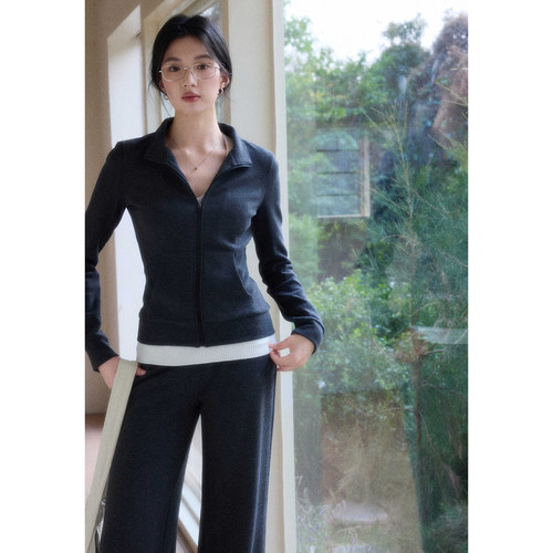贰羊设计【知瑶】lu系立领轻运动休闲修身套装女磨毛软糯上衣长裤