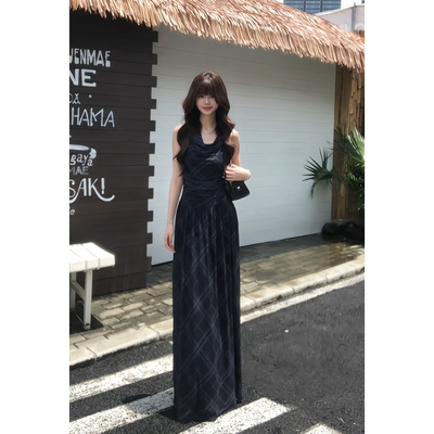 贰羊设计【伊晨】气质弹力斜纹连衣裙女挂脖荡领收腰网纱无袖长裙