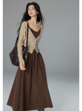 贰羊设计【无虞】温柔风蕾丝边咖色吊带裙女针织开衫通勤气质套装