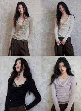 贰羊设计【予沁】假两件荡领蕾丝拼接上衣女春季新款修身紫色内搭