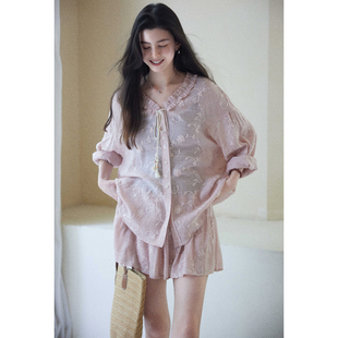 高腰蛋糕裙套装 贰羊设计 植物刺绣宽松木耳边衬衫 新中式 胭脂