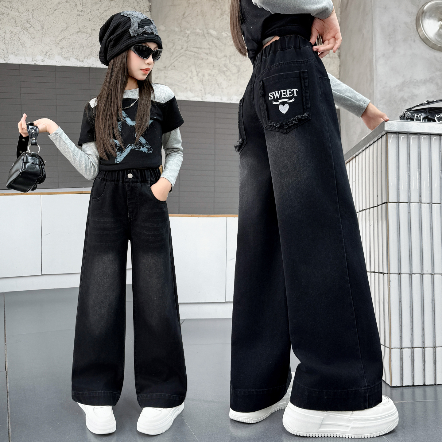 女童黑色高腰阔腿牛仔裤春秋款