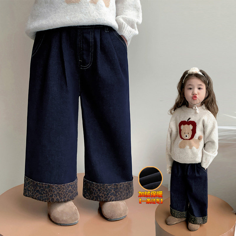 中小女童加绒加厚豹纹牛仔阔腿裤