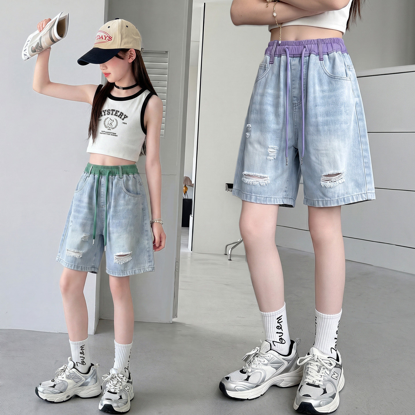 街头牛仔风破洞五分裤女童夏季薄款宽松显瘦短裤初中生夏日百搭裤