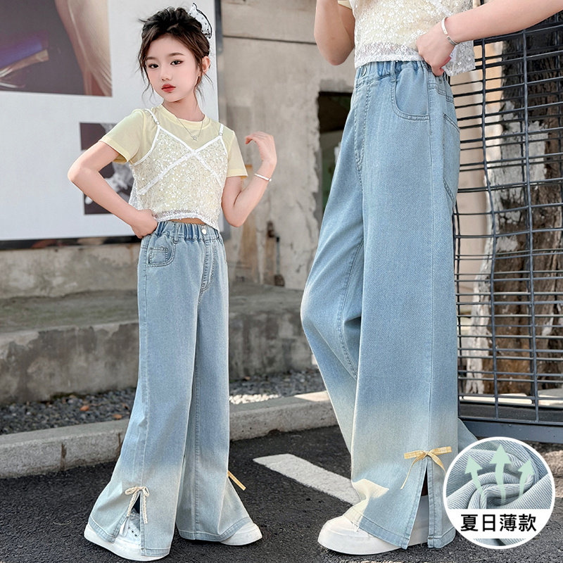 女童夏季天丝牛仔裤中大童时尚开叉裤子女孩夏天薄款时髦直筒裤潮