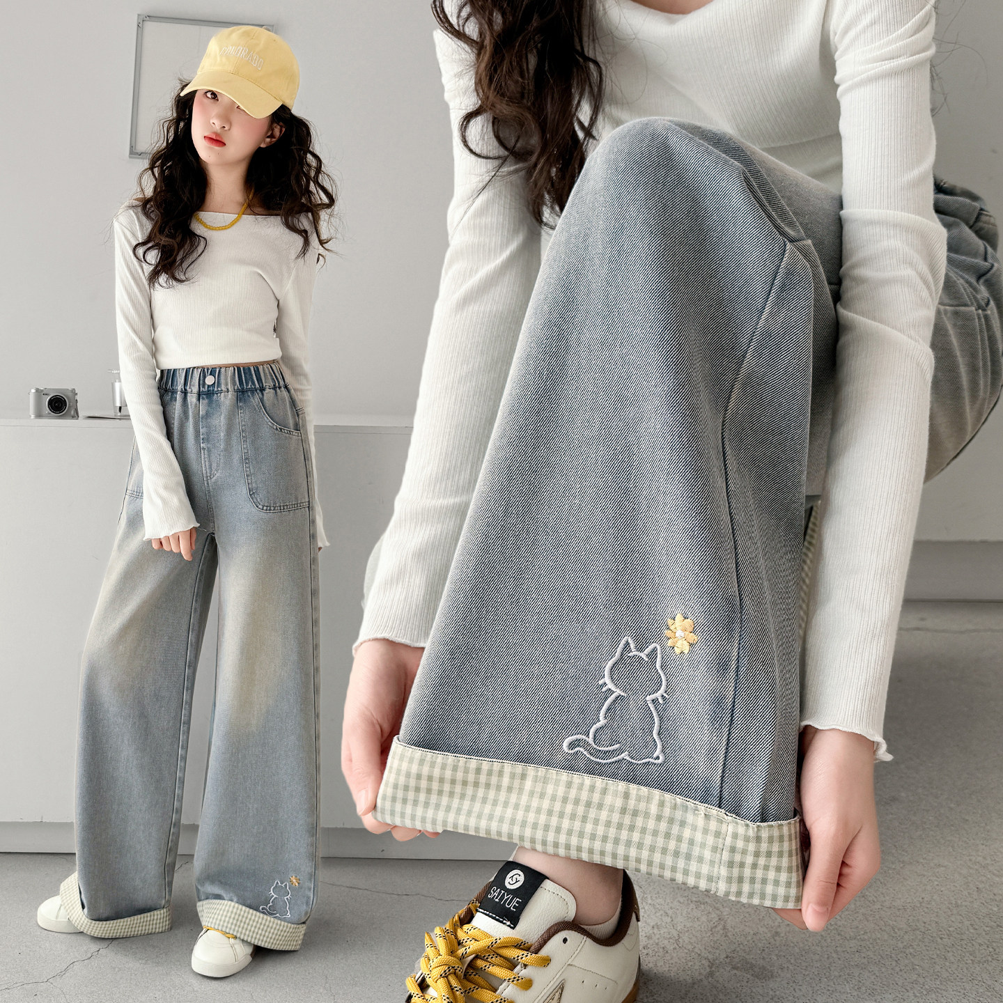 女童春装休闲阔腿牛仔裤春秋新款中大童刺绣直筒裤洋气百搭初中生