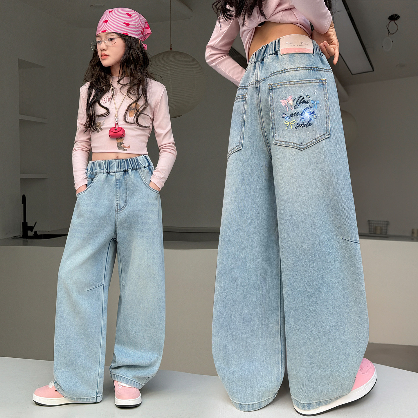 女童春装烫钻弯刀裤中大童洋气百搭阔腿牛仔裤初中生百搭裤子春秋