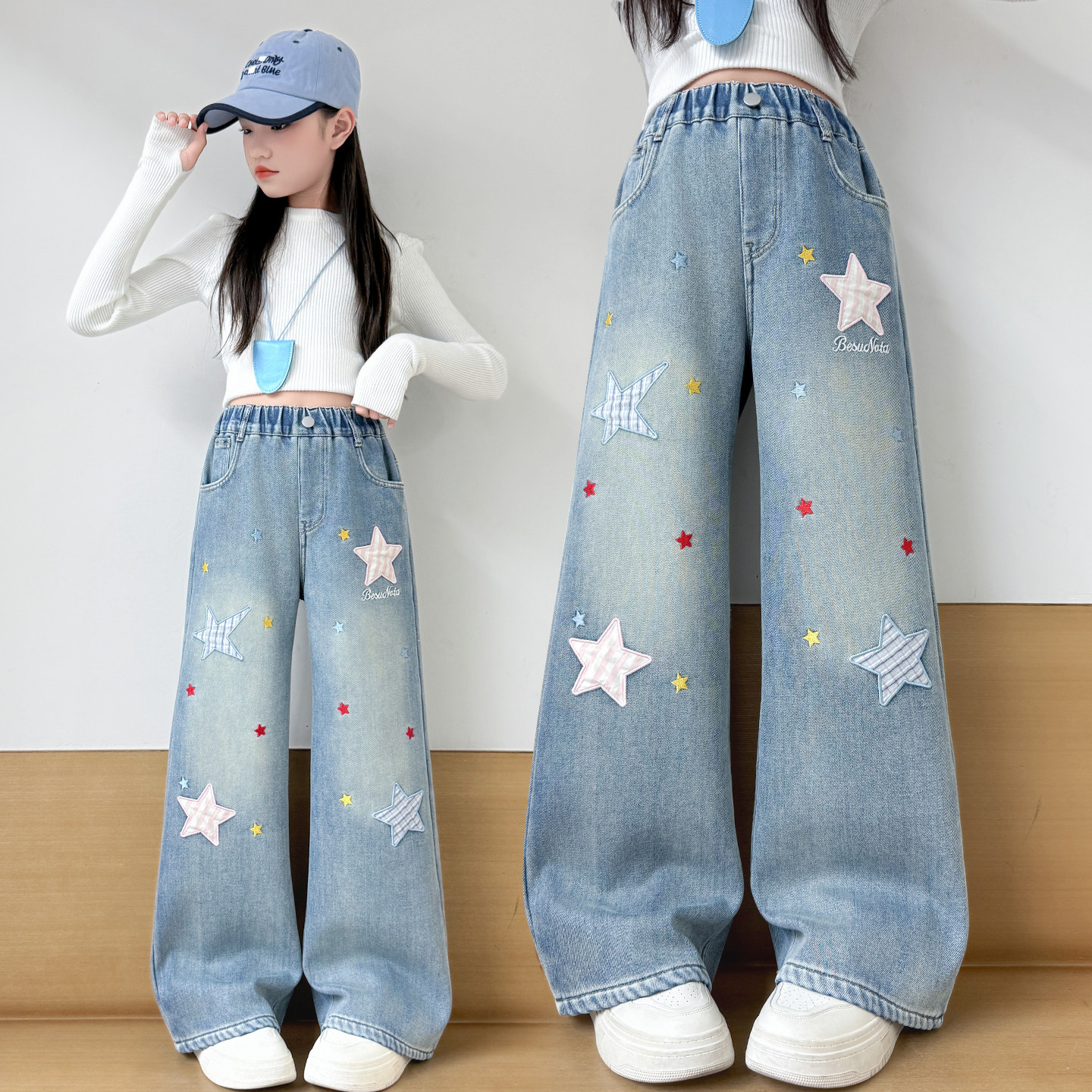 女童春装贴布牛仔裤春秋新款初中生韩版中大童洋气春秋阔腿长裤子